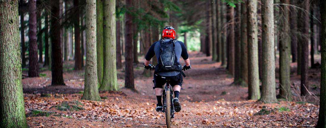 Man cycling through forest by Carl Winterbourne