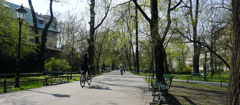 Cyclist and Pedestrians in the Park in Krakow by Marek Lumi on Unsplash