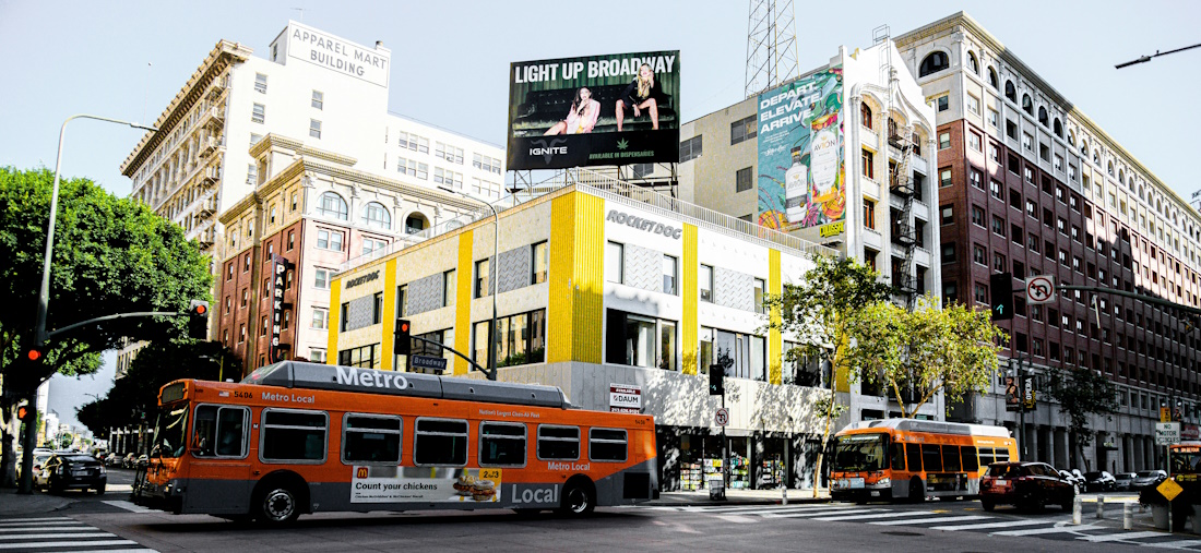 Metro Bus driving by RocketDog on Boulevard