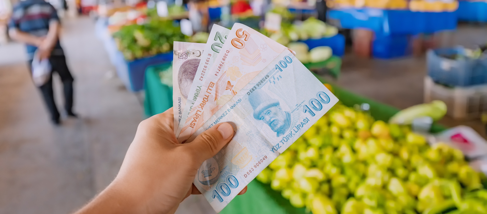 Holding Turkish Lira in a Market